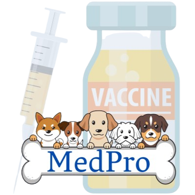 Vaccine bottle with cartoon dogs and 'MedPro' branding on a white background
